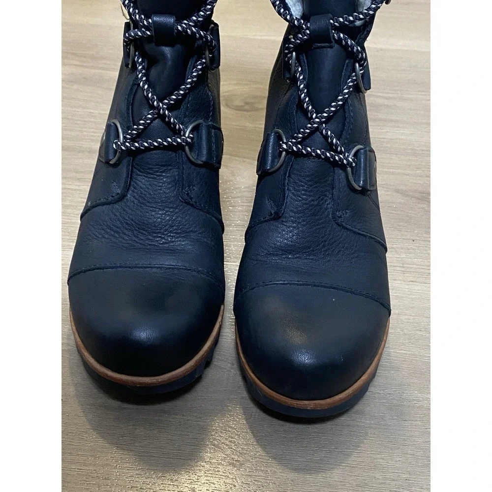 Sorel Joan of Arctic Wedge Black Leather Shearling Winter Snow Boots Women's 8.5
